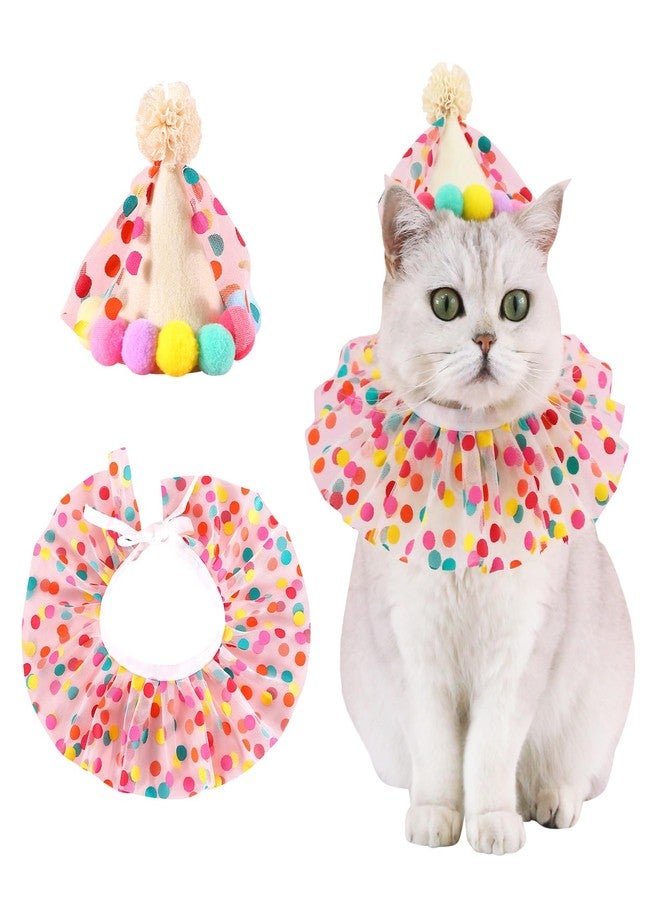 Kunyeah Pet Birthday Hat Scarf Set Puppy Princess Costumes Cute Lace Cat Outfit Dog Colorful Dots Bandana Pom-pom Cone Hat Cat Happy Birthday Decorations Pet Party Supplies - Image 1